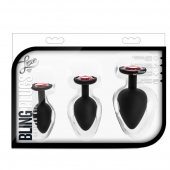 Набор черных анальных пробок с красным кристаллом-сердечком Bling Plugs Training Kit - Blush Novelties - купить с доставкой в Великом Новгороде