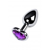 Серебристая коническая анальная пробка с фиолетовым кристаллом-сердечком - 7 см. - ToyFa - купить с доставкой в Великом Новгороде