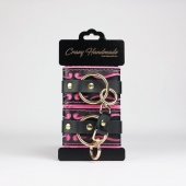 Черные кожаные наручники с розовой строчкой - Crazy Handmade - купить с доставкой в Великом Новгороде