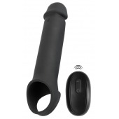 Черная вибронасадка для пениса с хомутом для мошонки и пультом ДУ Remote Controlled Penis Extension - Orion - в Великом Новгороде купить с доставкой