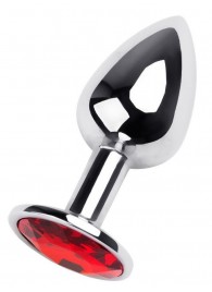 Маленькая коническая серебристая анальная пробка с красным кристаллом - 7 см. - ToyFa - купить с доставкой в Великом Новгороде