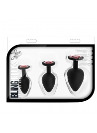 Набор черных анальных пробок с красным кристаллом-сердечком Bling Plugs Training Kit - Blush Novelties - купить с доставкой в Великом Новгороде