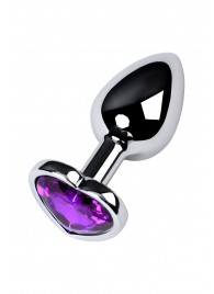 Серебристая коническая анальная пробка с фиолетовым кристаллом-сердечком - 7 см. - ToyFa - купить с доставкой в Великом Новгороде