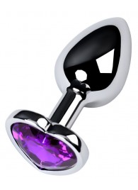 Серебристая коническая анальная пробка с фиолетовым кристаллом-сердечком - 7 см. - ToyFa - купить с доставкой в Великом Новгороде