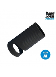 Черная открытая насадка на пенис с кольцом для мошонки size M - 7,9 см. - Sex Expert - в Великом Новгороде купить с доставкой
