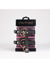 Черные кожаные оковы с розовой строчкой - Crazy Handmade - купить с доставкой в Великом Новгороде Черные кожаные оковы с розовой строчкой - Crazy Handmade - купить с доставкой в Великом Новгороде