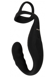 Черное эрекционное кольцо со стимуляцией промежности и анальной пробкой Cock Ring with RC Prostate Plug - Orion - в Великом Новгороде купить с доставкой