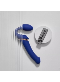 Синий безремневой страпон Multi Orgasm Bendable Strap-On size L с клиторальной стимуляцией - Strap-on-me - купить с доставкой в Великом Новгороде