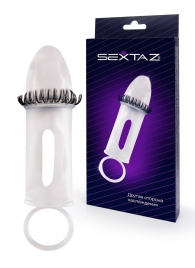 Закрытая насадка на пенис с подхватом мошонки и стимулирующими «ресничками» - Sextaz - в Великом Новгороде купить с доставкой