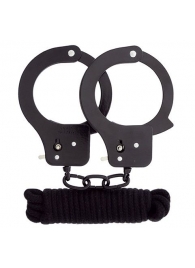 Чёрные наручники из листового металла в комплекте с веревкой BONDX METAL CUFFS LOVE ROPE SET - Dream Toys - купить с доставкой в Великом Новгороде