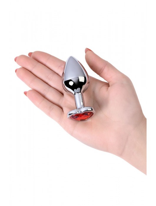 Серебристая коническая анальная пробка с красным кристаллом-сердечком - 7 см. - ToyFa - купить с доставкой в Великом Новгороде