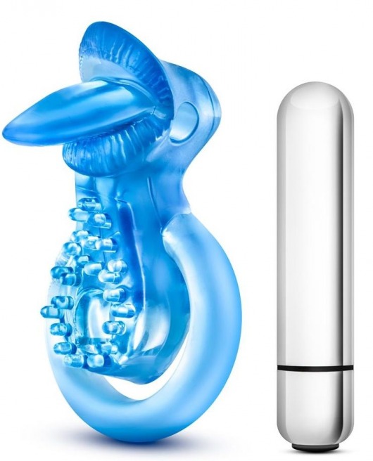 Голубое эрекционное виброкольцо 10 Function Vibrating Tongue Ring - Blush Novelties - в Великом Новгороде купить с доставкой