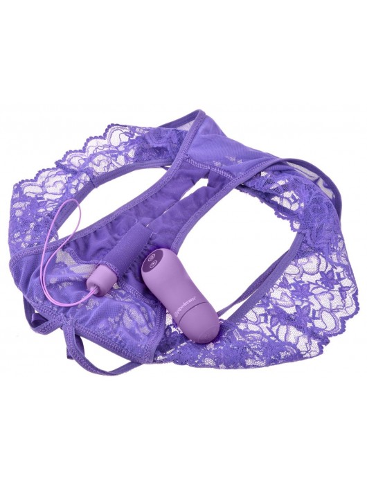 Фиолетовые трусики с вибропулей и пультом Crotchless Panty Thrill-Her - Pipedream