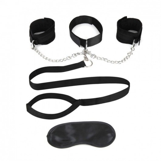 Чёрный ошейник с наручниками и поводком Collar Cuffs   Leash Set - Lux Fetish - купить с доставкой в Великом Новгороде