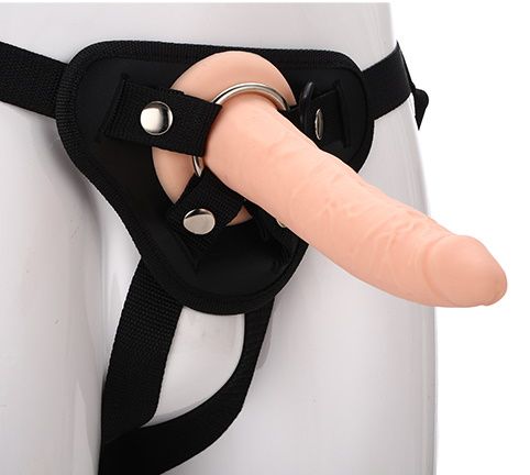 Телесный страпон на черных трусиках STRAP ON REAL DILDO - 20 см. - Dream Toys - купить с доставкой в Великом Новгороде