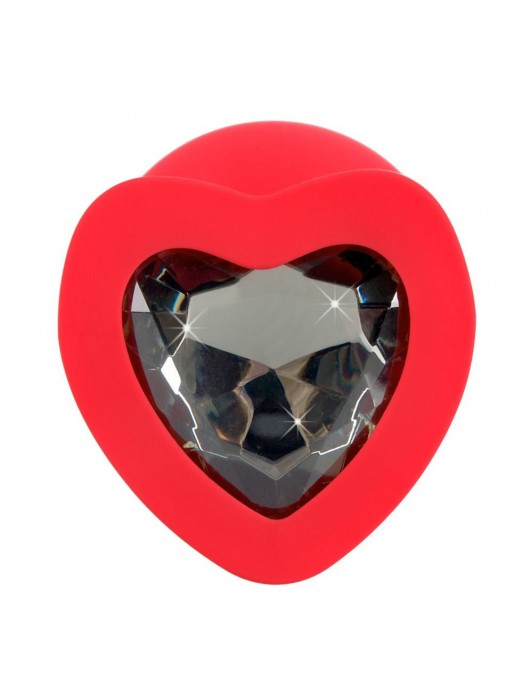 Красная силиконовая анальная пробка с черным стразом-сердечком - 9,3 см. - Orion - купить с доставкой в Великом Новгороде