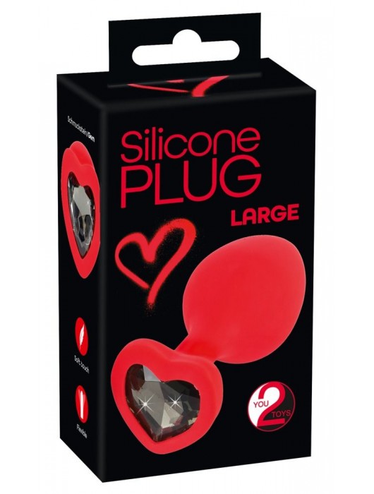 Красная силиконовая анальная пробка с черным стразом-сердечком - 9,3 см. - Orion - купить с доставкой в Великом Новгороде