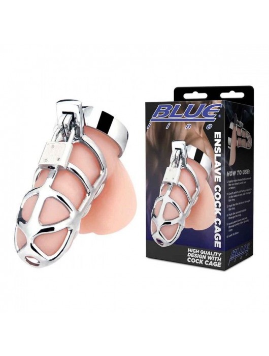 Серебристая металлическая клетка для члена с замком Enslave Cock Cage - BlueLine - купить с доставкой в Великом Новгороде