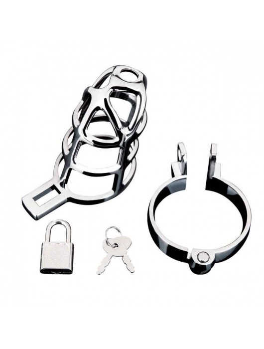Серебристая металлическая клетка для члена с замком Enslave Cock Cage - BlueLine - купить с доставкой в Великом Новгороде