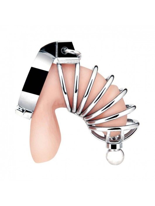 Серебристая клетка для члена Urethral Play Cage - BlueLine - купить с доставкой в Великом Новгороде