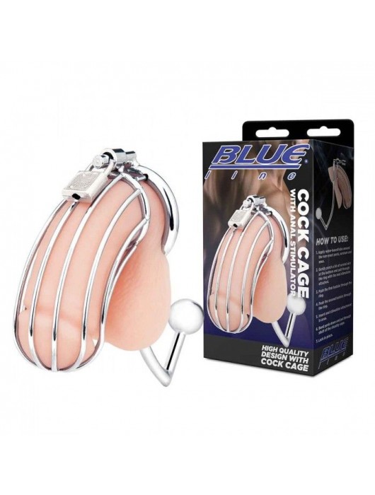 Серебристая металлическая клетка с анальным стимулятором Cock Cage - BlueLine - купить с доставкой в Великом Новгороде