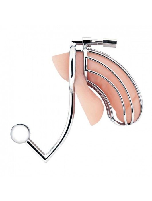 Серебристая металлическая клетка с анальным стимулятором Cock Cage - BlueLine - купить с доставкой в Великом Новгороде