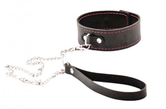 Черный широкий ошейник с красной строчкой и поводком - Crazy Handmade - купить с доставкой в Великом Новгороде