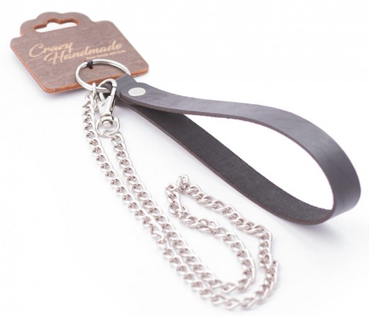 Серебристый металлический поводок с кожаной черной ручкой - 80 см. - Crazy Handmade - купить с доставкой в Великом Новгороде