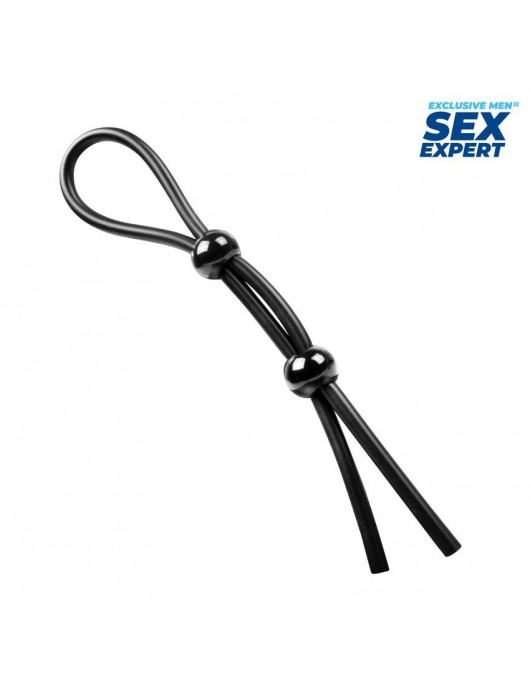 Черное силиконовое лассо с двумя шариками для утяжки - Sex Expert - в Великом Новгороде купить с доставкой