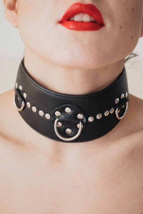 Чёрный кожаный ошейник с полукольцами и клёпками - БДСМ Арсенал - купить с доставкой в Великом Новгороде