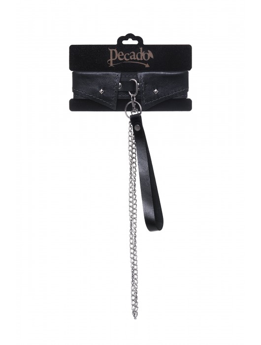 Черный кожаный ошейник-воротник с поводком - Pecado - купить с доставкой в Великом Новгороде