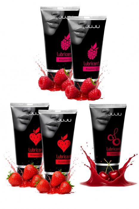 Набор из 5 съедобных лубрикантов JUJU (клубника х 2, малина х 2, вишня) - JuJu - купить с доставкой в Великом Новгороде Набор из 5 съедобных лубрикантов JUJU (клубника х 2, малина х 2, вишня) - JuJu - купить с доставкой в Великом Новгороде