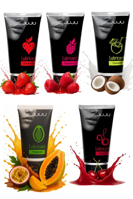 Набор из 5 съедобных лубрикантов JUJU (клубника, малина, тропические фрукты, вишня, кокос) - JuJu - купить с доставкой в Великом Новгороде Набор из 5 съедобных лубрикантов JUJU (клубника, малина, тропические фрукты, вишня, кокос) - JuJu - купить с доставкой в Великом Новгороде