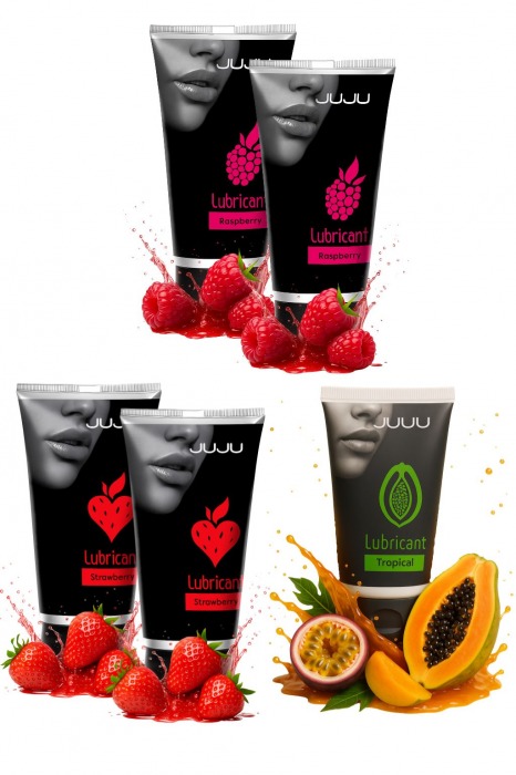 Набор из 5 съедобных лубрикантов JUJU (клубника х 2, малина х 2, тропические фрукты) - JuJu - купить с доставкой в Великом Новгороде