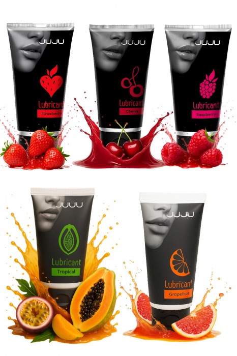 Набор из 5 съедобных лубрикантов JUJU (клубника, малина, тропические фрукты, вишня, грейпфрут) - JuJu - купить с доставкой в Великом Новгороде Набор из 5 съедобных лубрикантов JUJU (клубника, малина, тропические фрукты, вишня, грейпфрут) - JuJu - купить с доставкой в Великом Новгороде