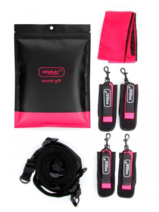 Черно-розовый эротический набор: фиксатор, оковы, наручники, повязка - Erokay - купить с доставкой в Великом Новгороде