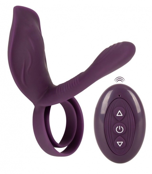 Фиолетовая насадка на член с клиторальным отростком и пультом ДУ RC Couple’s Vibrator 2 - Orion - в Великом Новгороде купить с доставкой