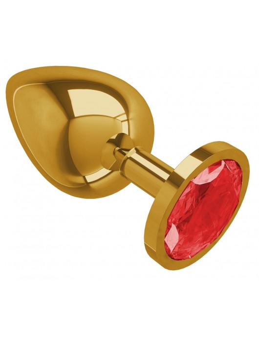 Золотистая большая анальная пробка с красным кристаллом - 9,5 см. - Джага-Джага - купить с доставкой в Великом Новгороде