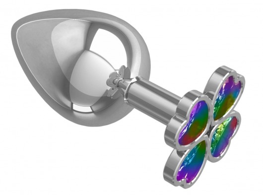 Серебристая анальная пробка-клевер с радужным кристаллом - 9,5 см. - Джага-Джага - купить с доставкой в Великом Новгороде