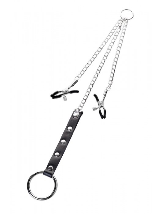 Серебристо-чёрные зажимы для сосков с кольцом для пениса TOYFA Metal - ToyFa - купить с доставкой в Великом Новгороде